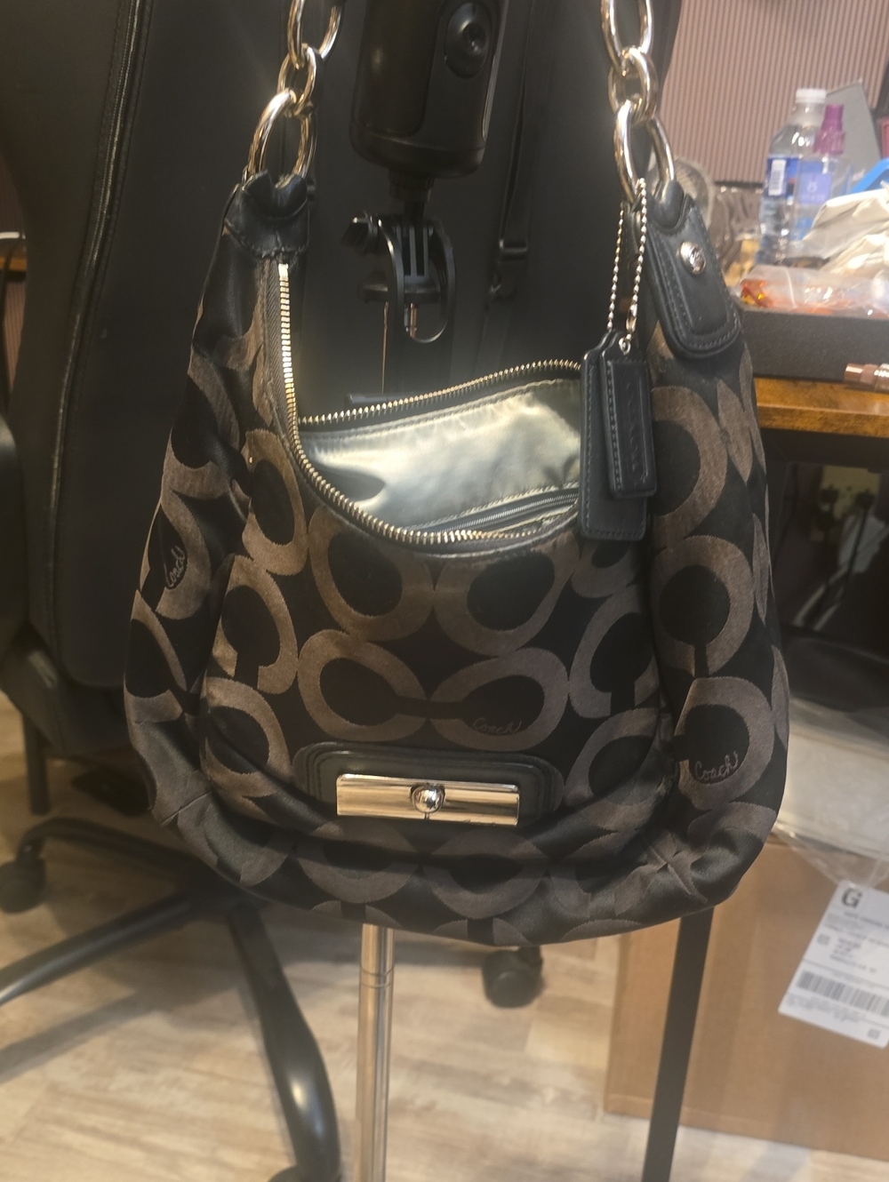 Coach Signature Monogram Black and Brown Hobo Bag